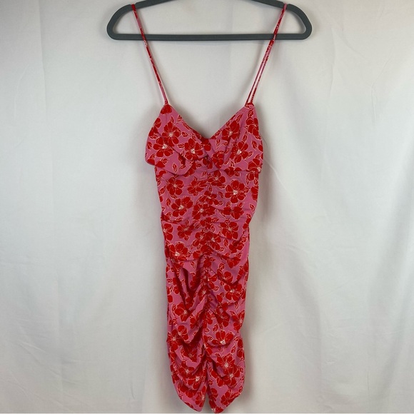 Zara Draped Mini Dress Pink & Red Barbiecore Floral Ruched Sleeveless Size XS - Picture 3 of 11